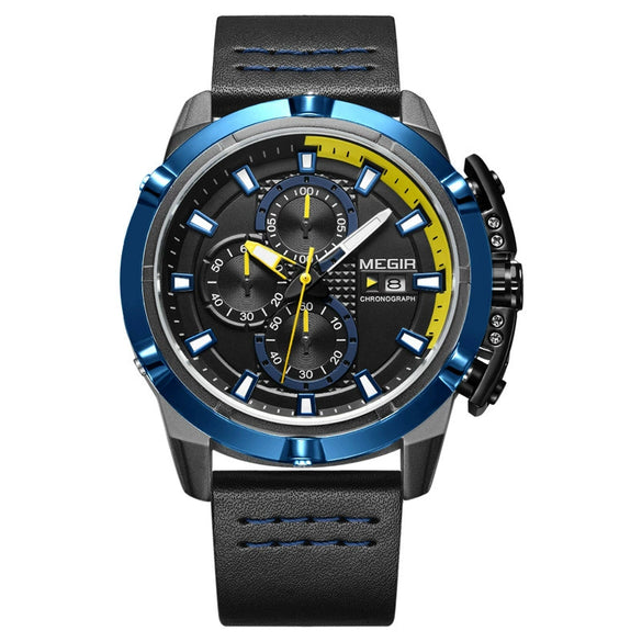 Men's Multifunctional Chronograph Calendar Quartz Watch Alloy Case Genuine Leather Strap Round Dial