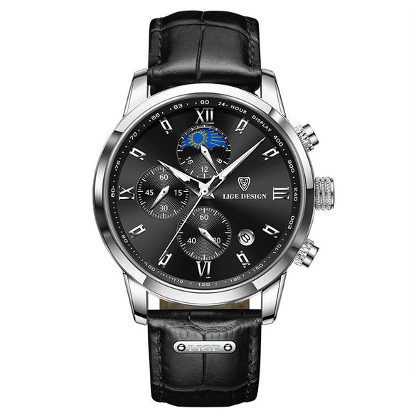 Men's Multifunctional Chronograph Quartz Watch Alloy Case Genuine Leather Strap Round Dial Leisure Style