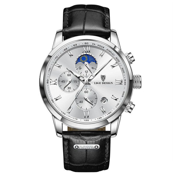 Men's Multifunctional Chronograph Quartz Watch Alloy Case Genuine Leather Strap Round Dial Leisure Style