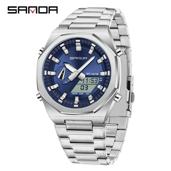 Men's Multifunctional Electronic Wristwatch Octagonal Alloy Waterproof Dual Display With Mineral Tempered Glass Mirror And Steel Strip Strap