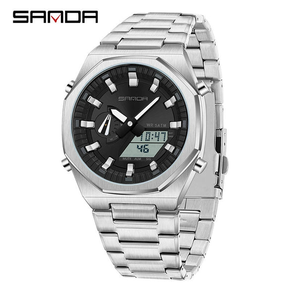 Men's Multifunctional Electronic Wristwatch Octagonal Alloy Waterproof Dual Display With Mineral Tempered Glass Mirror And Steel Strip Strap