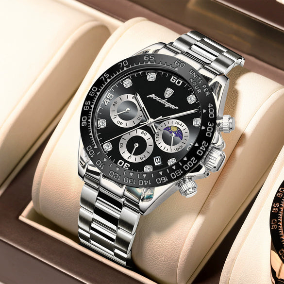 Men's Multifunctional Leisure Waterproof Quartz Watch Alloy Case Stainless Steel Strap Round Dial