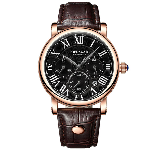 Men's Multifunctional Quartz Watch Alloy Case Sapphire Crystal Glass Mirror Genuine Leather Strap Round Dial Leisure Style