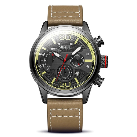Men's Multifunctional Sports Waterproof Quartz Watch Alloy Case Genuine Leather Strap Round Dial