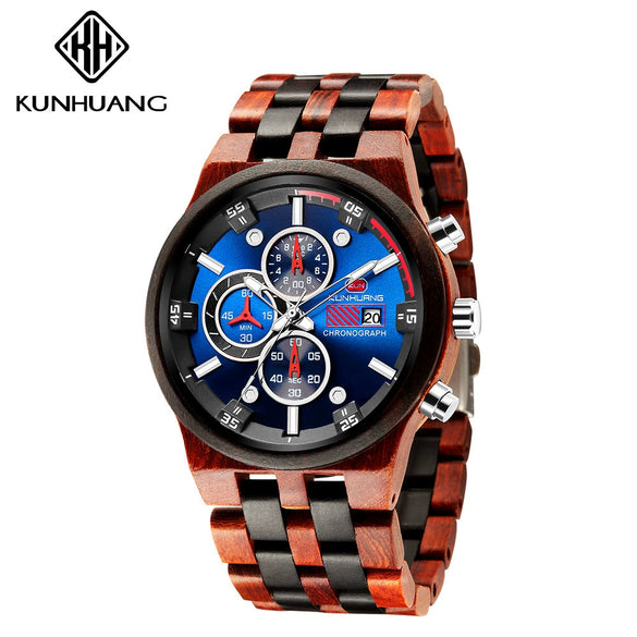 Men's Multifunctional Sports Wooden Watch Round Dial Leisure Style Plexiglass Mirror Stainless Steel Clasp Wood Strap
