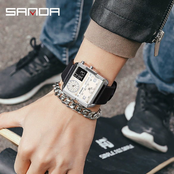 Men's Multifunctional Waterproof Electronic Watch With Zinc Alloy Case Genuine Leather Strap Square Dial And High Hardness Mineral Tempered Mirror