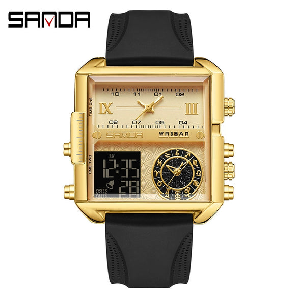 Men's Multifunctional Waterproof Electronic Watch With Zinc Alloy Case Genuine Leather Strap Square Dial And High Hardness Mineral Tempered Mirror
