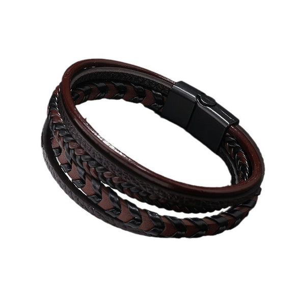 Men's Multilayer Leather Rope Braided Geometric Style Hand Knitted Alloy Magnetic Buckle Bracelet