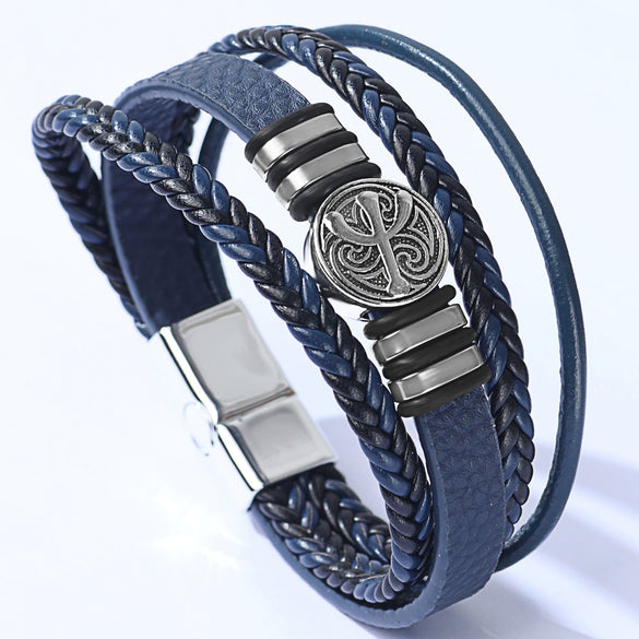 Men's Multilayer Woven Leather And Pu Leather Bracelet With Alloy And Geometric Design Electroplated