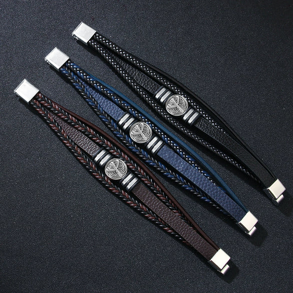 Men's Multilayer Woven Leather And Pu Leather Bracelet With Alloy And Geometric Design Electroplated
