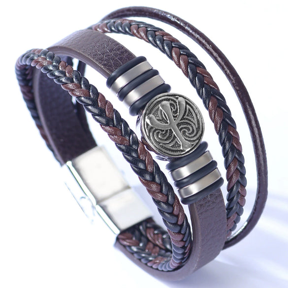 Men's Multilayer Woven Leather And Pu Leather Bracelet With Alloy And Geometric Design Electroplated