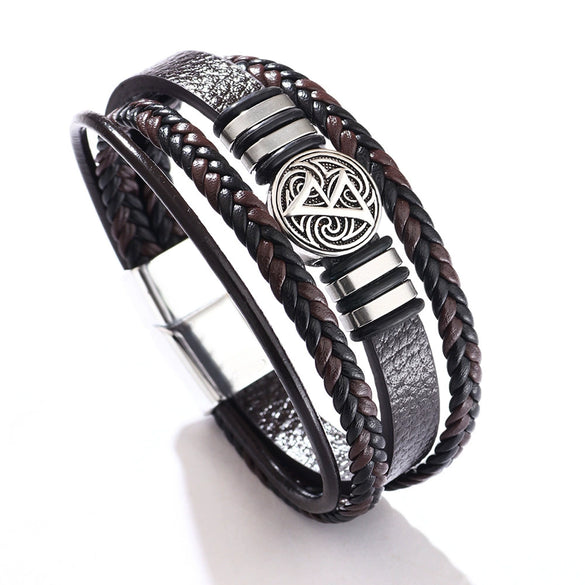 Men's Multilayer Woven Leather And Pu Leather Bracelet With Geometric Pattern Metal Electroplated Design