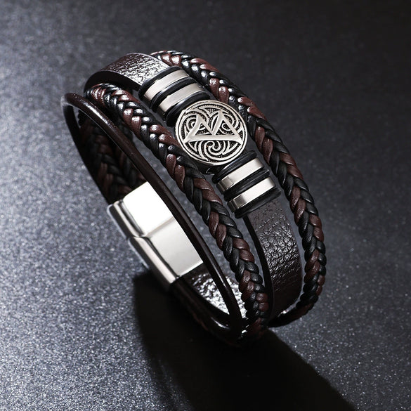 Men's Multilayer Woven Leather And Pu Leather Bracelet With Geometric Pattern Metal Electroplated Design