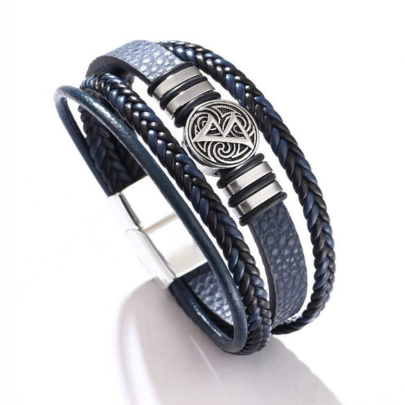 Men's Multilayer Woven Leather And Pu Leather Bracelet With Geometric Pattern Metal Electroplated Design
