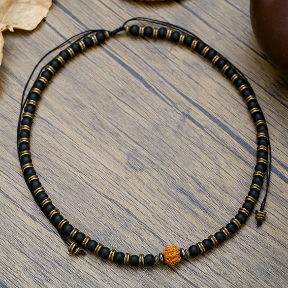 Men's Multilayered Leather Necklace With Black Agate Beads Alloy Pendant Geometric Style Handmade