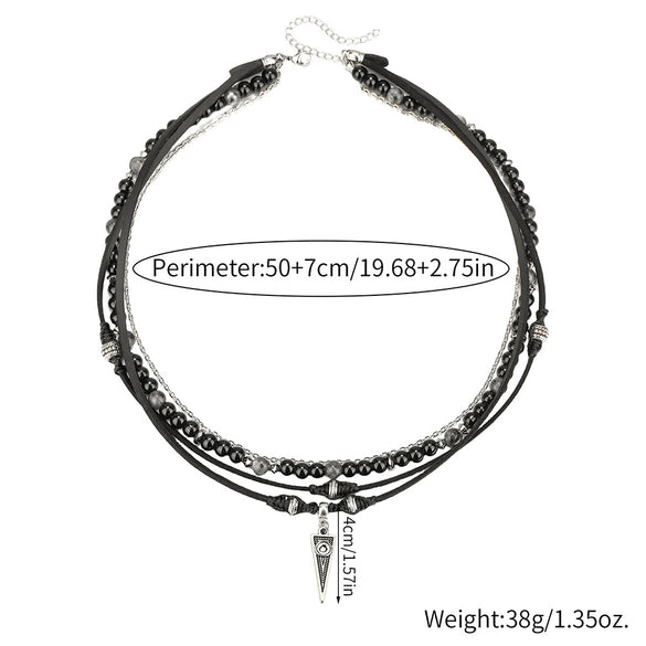 Men's Multilayered Leather Necklace With Black Agate Beads Alloy Pendant Geometric Style Handmade