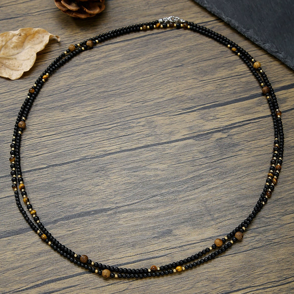 Men's Multilayered Leather Necklace With Black Agate Beads Alloy Pendant Geometric Style Handmade