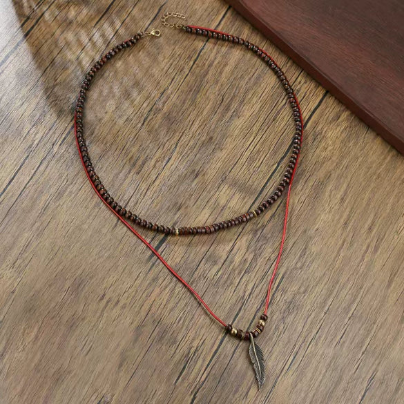 Men's Multilayered Leather Necklace With Black Agate Beads Alloy Pendant Geometric Style Handmade