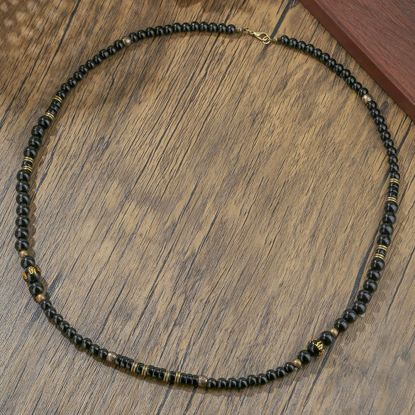 Men's Multilayered Leather Necklace With Black Agate Beads Alloy Pendant Geometric Style Handmade