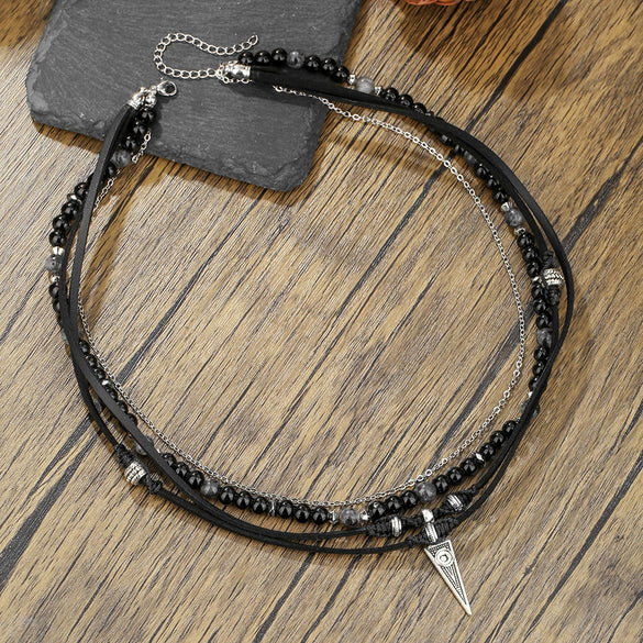 Men's Multilayered Leather Necklace With Black Agate Beads Alloy Pendant Geometric Style Handmade
