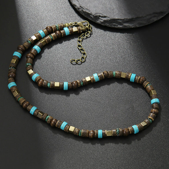 Men's Multilayered Leather Necklace With Black Agate Beads Alloy Pendant Geometric Style Handmade