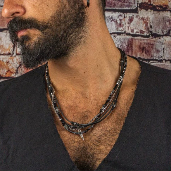 Men's Multilayered Leather Necklace With Black Agate Beads Alloy Pendant Geometric Style Handmade