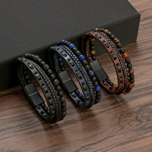 Men's Natural Stone And Alloy Handwoven Bracelet Jewelry With Electroplating Treatment