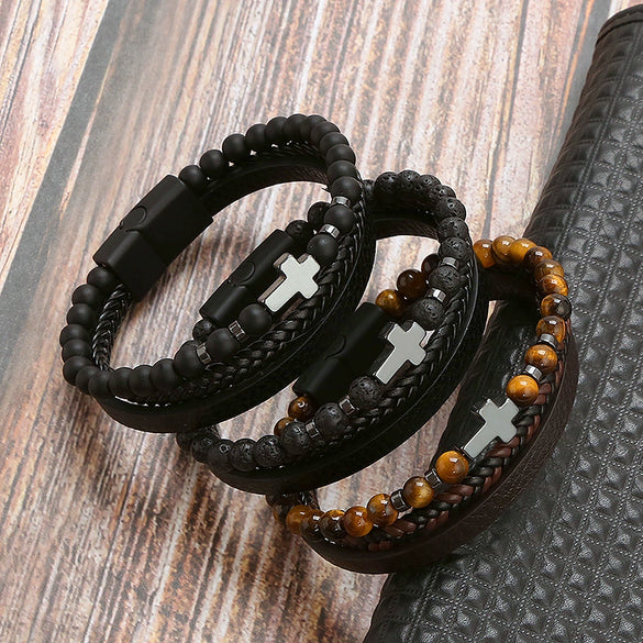 Men's Natural Stone Stainless Steel Geometric Handmade Magnetic Bracelet