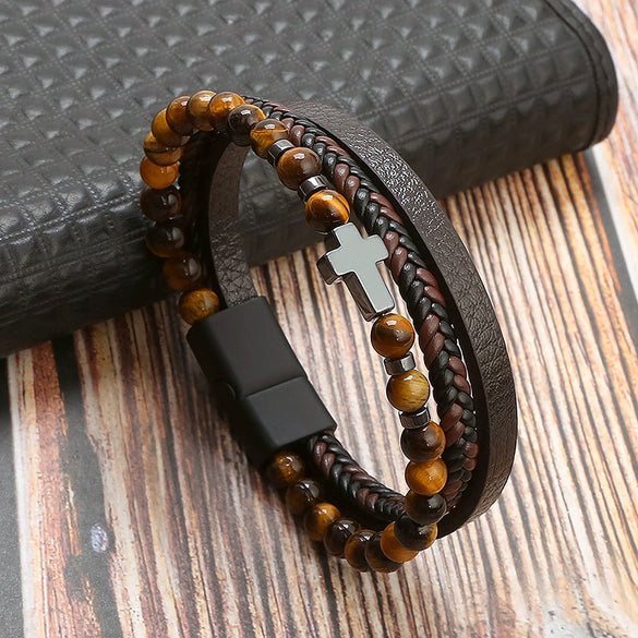 Men's Natural Stone Stainless Steel Geometric Handmade Magnetic Bracelet