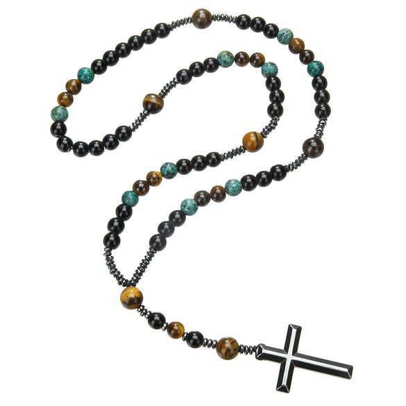 Men's Necklace Religious Cross Pendant Alloy Tiger Eye Stone Handmade Cotton Thread Jewelry