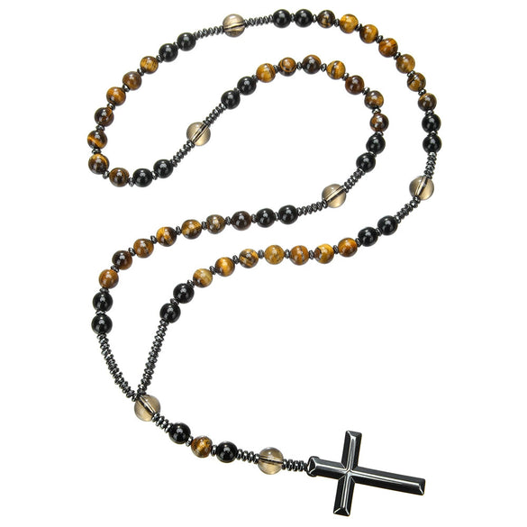 Men's Necklace Religious Cross Pendant Alloy Tiger Eye Stone Handmade Cotton Thread Jewelry
