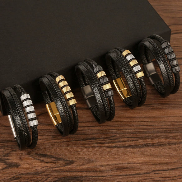 Men's Original Design Stainless Steel Handwoven Bracelet With Leather Magnetic Buckle