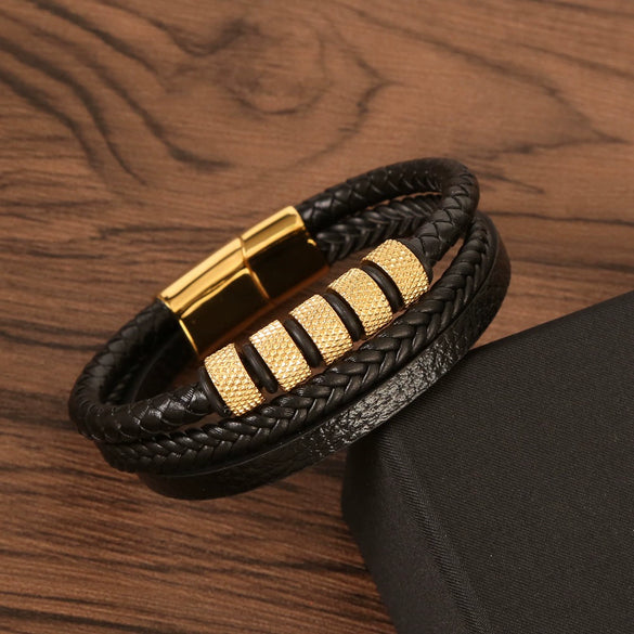 Men's Original Design Stainless Steel Handwoven Bracelet With Leather Magnetic Buckle