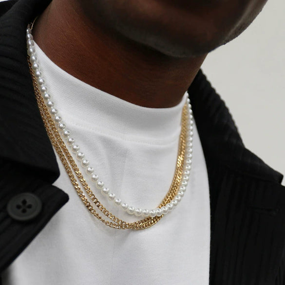 Men's Pearl O Chain Necklace With Geometric Style Handmade Alloy Pendant