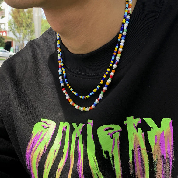 Men's Plastic Resin Geometric Beaded Necklace Set