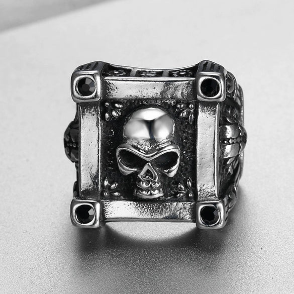 Men's Punk Skull Retro Gothic Stainless Steel Drop Shape Rock Ring Seiko Crafted