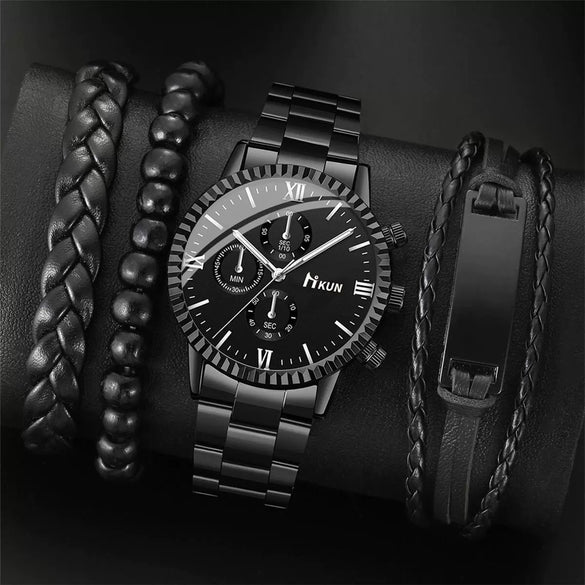 Men's Quartz Watch Alloy Case Stainless Steel Strap Round Dial Sporty Fashion Casual Bracelet Set