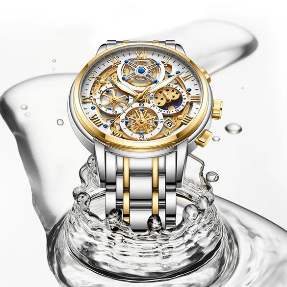 Men's Quartz Watch Multifunctional Chronograph Waterproof Hollow Concept Zinc Alloy Case Stainless Steel Strap Round Dial