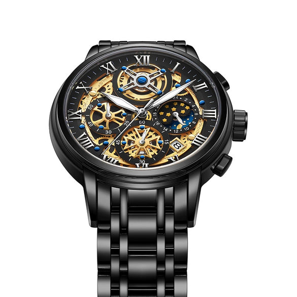 Men's Quartz Watch Multifunctional Chronograph Waterproof Hollow Concept Zinc Alloy Case Stainless Steel Strap Round Dial