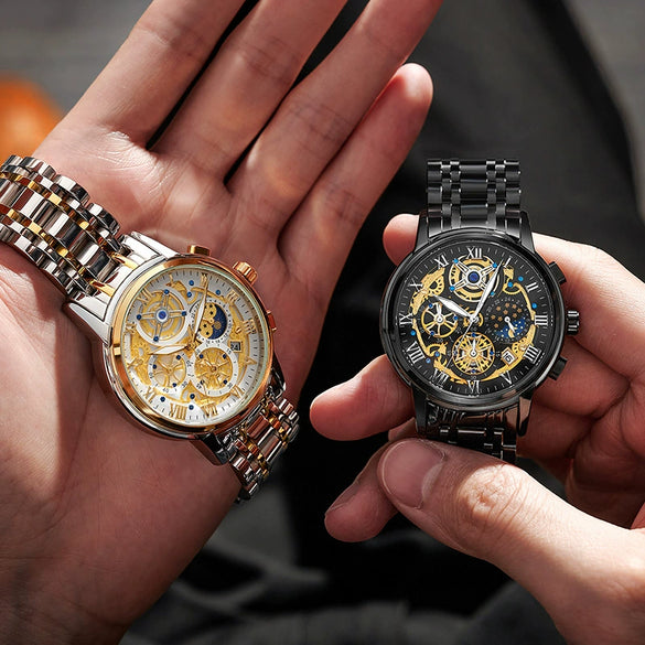 Men's Quartz Watch Multifunctional Chronograph Waterproof Hollow Concept Zinc Alloy Case Stainless Steel Strap Round Dial