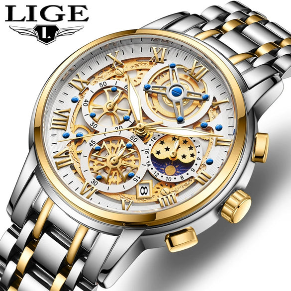 Men's Quartz Watch Multifunctional Chronograph Waterproof Hollow Concept Zinc Alloy Case Stainless Steel Strap Round Dial
