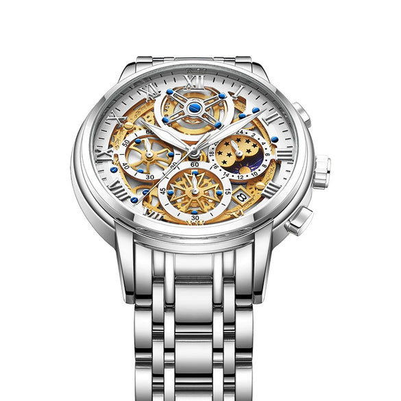 Men's Quartz Watch Multifunctional Chronograph Waterproof Hollow Concept Zinc Alloy Case Stainless Steel Strap Round Dial