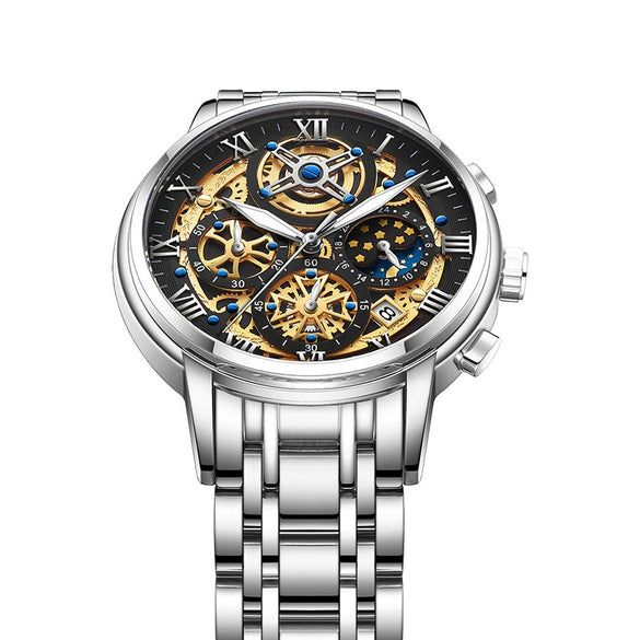 Men's Quartz Watch Multifunctional Chronograph Waterproof Hollow Concept Zinc Alloy Case Stainless Steel Strap Round Dial