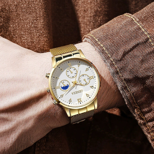 Men's Quartz Watch With Silicone Mesh Band Alloy Case Stainless Steel Strap And Buckle Round Dial Mineral Reinforced Glass Mirror Business Style Luminous