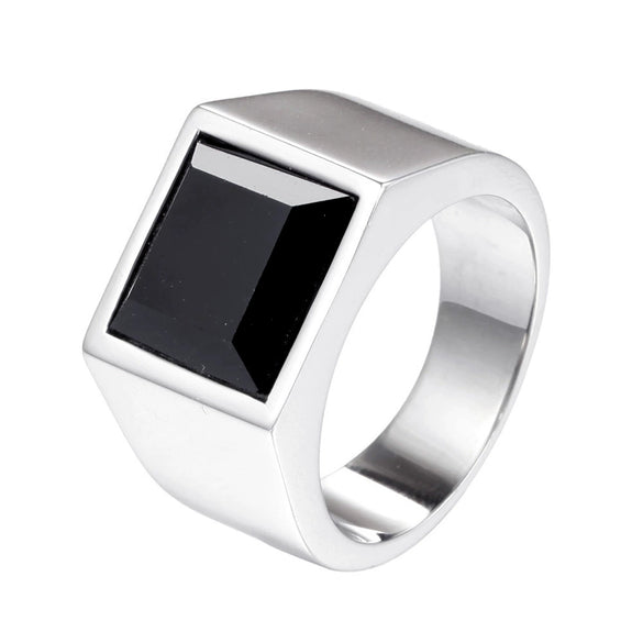 Men's Retro Black Agate Inlay Titanium Steel Ring With Polished Geometric Square Design