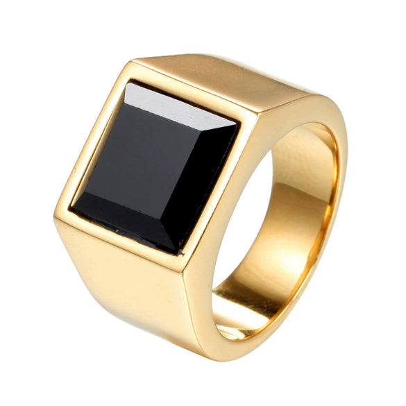 Men's Retro Black Agate Inlay Titanium Steel Ring With Polished Geometric Square Design
