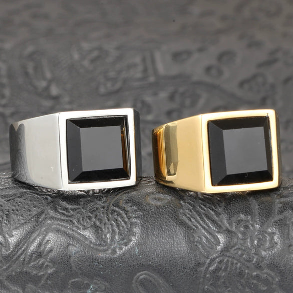 Men's Retro Black Agate Inlay Titanium Steel Ring With Polished Geometric Square Design