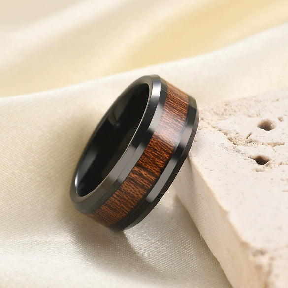 Men's Retro Geometric Black Wood Grain Tungsten Steel Ring With Electroplated Finish For Unisex Wear