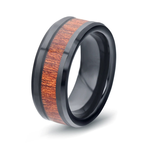 Men's Retro Geometric Black Wood Grain Tungsten Steel Ring With Electroplated Finish For Unisex Wear