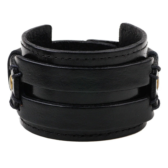 Men's Retro Leather Wide Bracelet With Geometric Pattern And Rub Ancient Polishing
